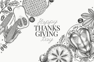 Vektör El, Şükran Günü Menüsü Tasarım Şablonu. Festive Food Illustration. Klasik Aile Yemeği Arkaplanı