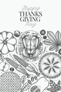 Vektör El, Şükran Günü Menüsü Tasarım Şablonu. Festive Food Illustration. Klasik Aile Yemeği Arkaplanı