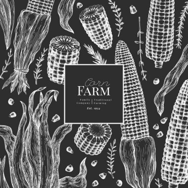 El Çekimi Vektörü Tatlı Mısır İllüstrasyonu. Yapay zeka üretilmedi. Sonbahar Mevsimlik Tebeşir Kurulu Geçmişi. Fall Season Çiftlik Sancağı. Klasik Hasat Tasarım Şablonu.