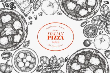 El Çekimi Vector Pizza Çizimi. Yapay zeka üretilmedi. Retro Margarita Pizza Tasarım Şablonu. Eski İtalyan Yemekleri Geçmişi