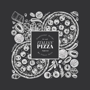 El Çekimi Vector Pizza Çizimi. Yapay zeka üretilmedi. Retro Pepperoni Pizza Tebeşir Tasarım Şablonu. Eski İtalyan Yemekleri