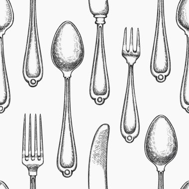Klasik El Çekim Vektörü Kusursuz Çatal-bıçak deseni. Yapay zeka üretilmedi. Retro Çatal Kaşığı Bıçağı İşlenmiş Mutfak Utensilleri Eski Tarz Resimleri