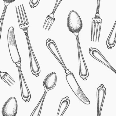 Klasik El Çekim Vektörü Kusursuz Çatal-bıçak deseni. Yapay zeka üretilmedi. Retro Çatal Kaşığı Bıçağı İşlenmiş Mutfak Utensilleri Eski Tarz Resimleri