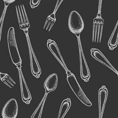 Klasik El Çekim Vektörü Kusursuz Çatal-bıçak deseni. Yapay zeka üretilmedi. Retro Tebeşir Tahtası Çatal Bıçak İşlenmiş Mutfak Malzemeleri Eski Tarz Resimleri