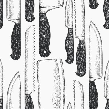 El yapımı Vintage Vector Pürüzsüz Bıçak Örnekleri. Yapay zeka üretilmedi. Mutfak Utensil Eski Biçim Çizimi