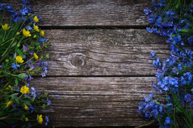 Eski ahşap bir masada güzel, küçük mavi çiçekler. Myosotis Sylvatica çiçekleri çerçevesi. Kopyalama alanı