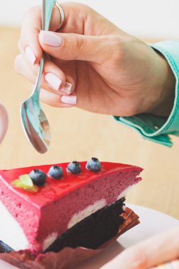 Kadın bir parçası cheesecake plaka, yumuşak odak arka plan ile