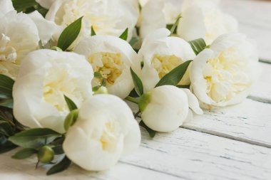 Eski Beyaz ahşap kurullarında, yumuşak odak arka plan beyaz peonies buket