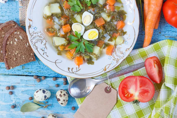 Plate with sorrel soup, bread and different vegetables, top view — Stock Image Plate Sorrel Soup Bread Different Vegetables Top View Royalty Free Stock Images