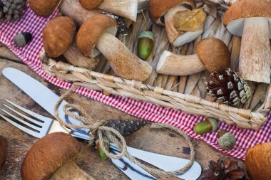 Çiğ beyaz mantar, çam kozalakları kuru süslemeleri ve Gümüş ahşap tablo