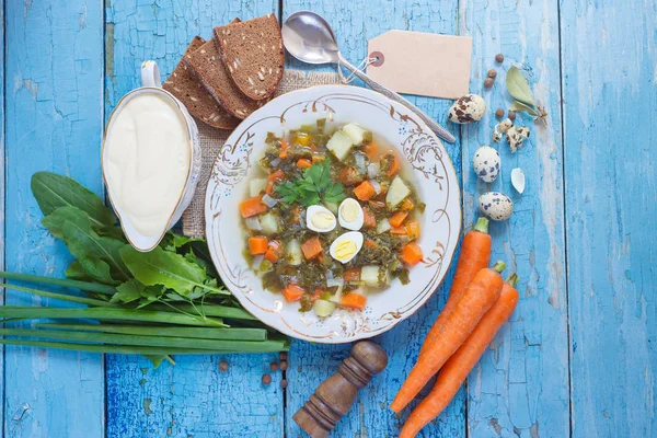 Piatto Con Zuppa Acetosa Pane Verdure Diverse Vista Dall Alto — Foto Stock