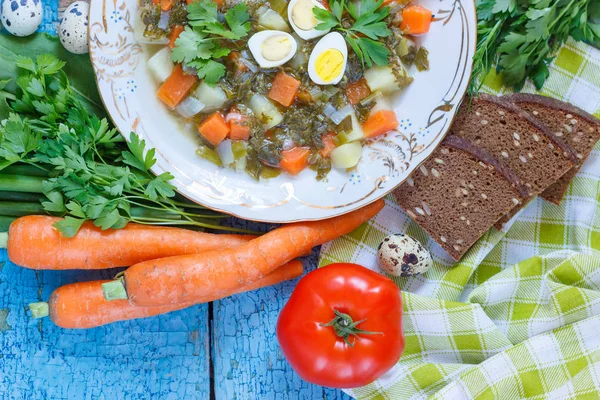 Piatto Con Zuppa Acetosa Pane Verdure Diverse Vista Dall Alto — Foto Stock