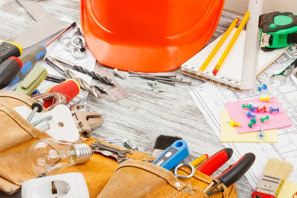 Different Construction Tools Wooden Background — Stock Photo, Image