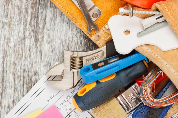 Verschillende Bouwgereedschappen Houten Ondergrond — Stockfoto