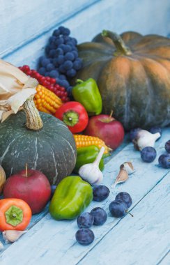 Kabak, meyve ve farklı olgun sebze, ahşap arka plan