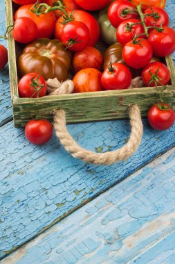 Açık renkli ahşap tepsi olgun domates tür farklı set