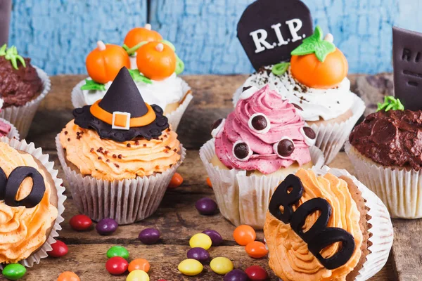 Halloween Cupcakes Dekorací Náhrobní Kámen Oči Dýně Cukrářského Tmelu Měkké — Stock fotografie
