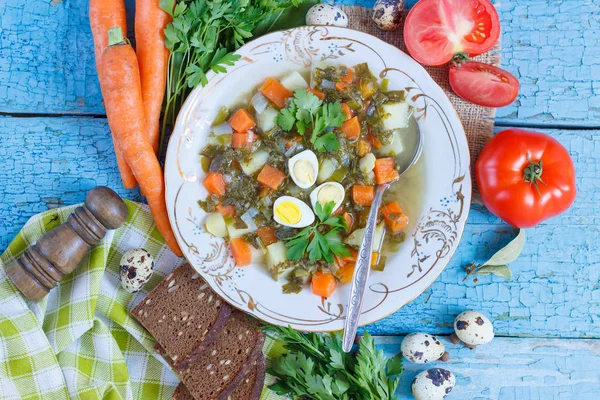 Piatto Con Zuppa Acetosa Pane Verdure Diverse Vista Dall Alto — Foto Stock