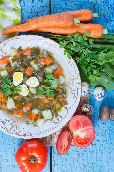 Plate with sorrel soup, bread and different vegetables, top view — Stock Image Plate Sorrel Soup Bread Different Vegetables Top View Stock Picture