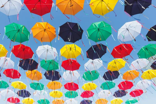 Colored Umbrellas Hanging Street Soft Focus Background — Stock Photo, Image