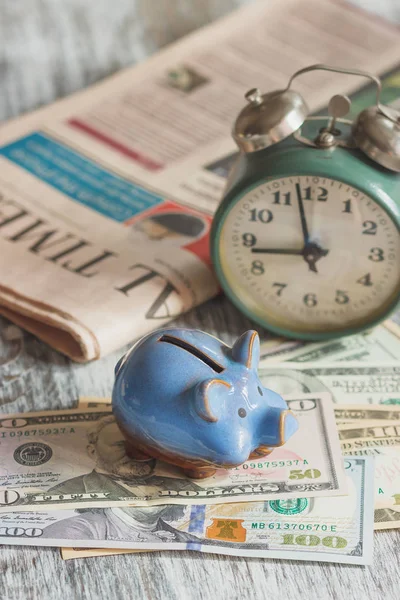 Piggy Bank Alarm Clock American Dollars Soft Focus Background — Stock Photo, Image