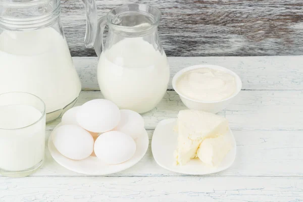 Different Dairy Products White Wooden Background — Stock Photo, Image