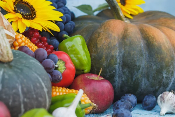 Pompoen Zonnebloemen Verschillende Groenten Houten Achtergrond — Stockfoto