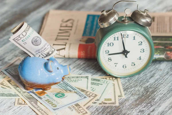 Piggy Bank Alarm Clock American Dollars Soft Focus Background — Stock Photo, Image