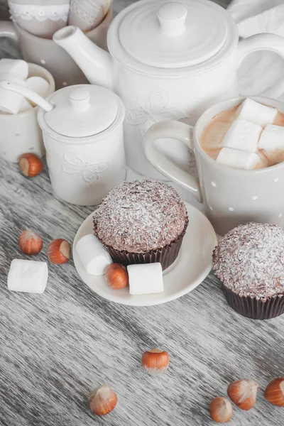 Cacao Cupcakes Different Decorations Soft Focus Background — Stock Photo, Image