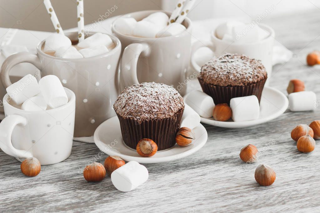 Cacao, cupcakes and different decorations, soft focus background