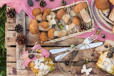 Vejetaryen kümesi: sofra, çiğ beyaz mantar, çam kozalakları ahşap masa üzerinde kuru süslemeleri ile