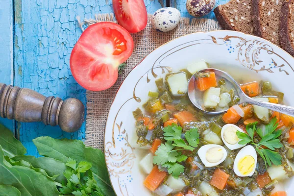 Piatto Con Zuppa Acetosa Pane Verdure Diverse Vista Dall Alto — Foto Stock