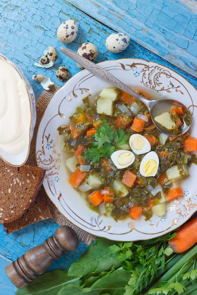 Piatto Con Zuppa Acetosa Pane Verdure Diverse Sfondo Soft Focus — Foto Stock