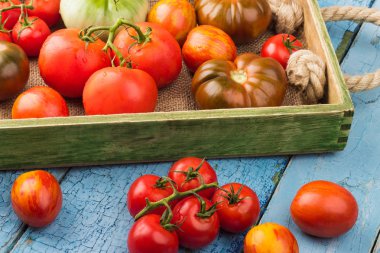 Ahşap tepsi, yumuşak odak arka plan olgun domates tür farklı set
