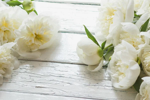 Eski Beyaz ahşap kurullarında, yumuşak odak arka plan beyaz peonies buket