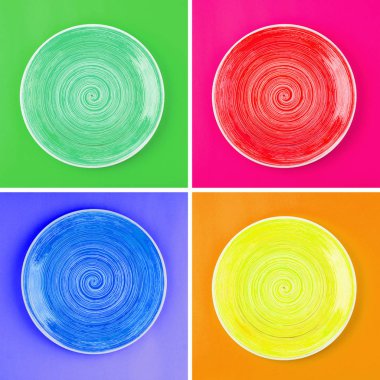 Farklı renkli yuvarlak seramik tabaklar spiral desenli gelen kolaj