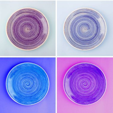 Farklı renkli yuvarlak seramik tabaklar spiral desenli gelen kolaj