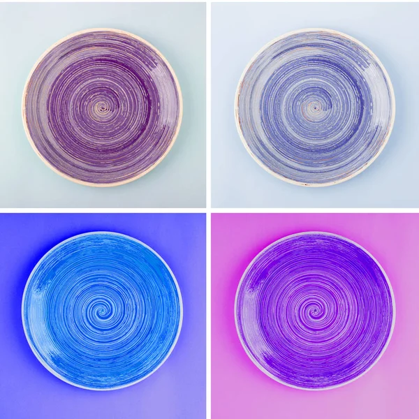 Коллаж из разноцветных круглых керамических пластин со спиральным рисунком — стоковое фото