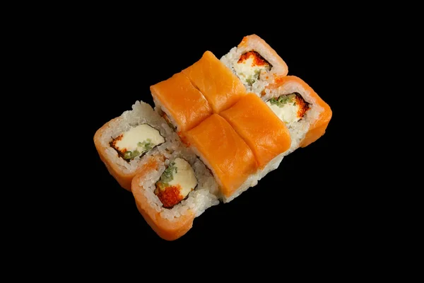Comida Japonesa Conjunto Sushi Salmão Rolos Com Salmão Enguia Vista — Fotografia de Stock