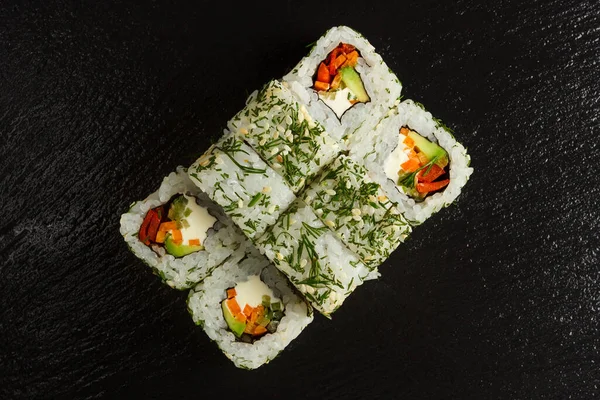 Comida Japonesa Conjunto Sushi Salmão Rolos Com Salmão Enguia Vista — Fotografia de Stock