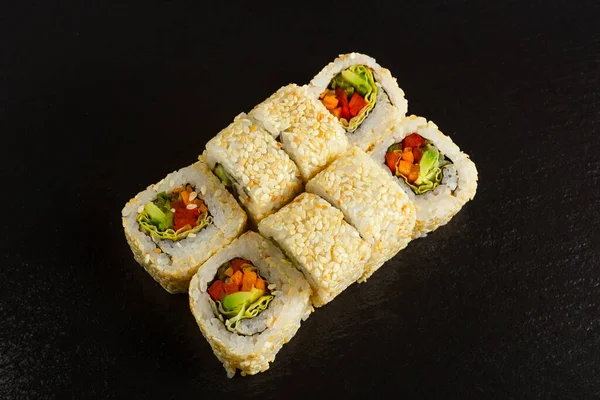 Comida Japonesa Conjunto Sushi Salmão Rolos Com Salmão Enguia Vista — Fotografia de Stock