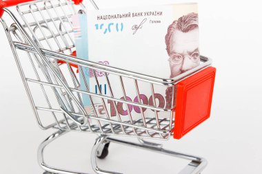 Bin tane hryvniası olan alışveriş arabası, beyazın üzerinde izole edilmiş.