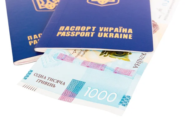 Two Ukrainian Passports One Thousand Hryvnias Isolated White — Stock Photo, Image