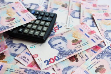 Hesap makinesi ve iş konsepti olan 200 hryvnianın arkaplanı