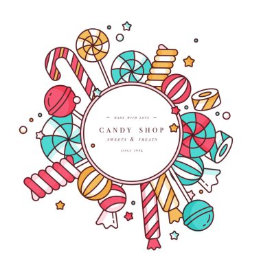 Candy shop çerçeve arka plan doğrusal lolipop şeker, sarmal ve karamel renkli tatlı vektör çizim ile yuvarlak.