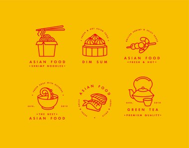 Vektör logo tasarım şablonları ve Amblemler ya da rozetleri kümesidir. Asya gıda - erişte, dim sum, çorba, suşi. Doğrusal logolar, altın ve kırmızı