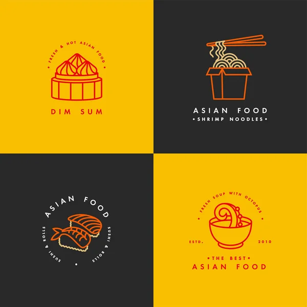 标志设计模板和标志或徽章的矢量集。亚洲食品-面条, 点心, 汤, 寿司。线性标志, 金黄和红色 — 图库矢量图片