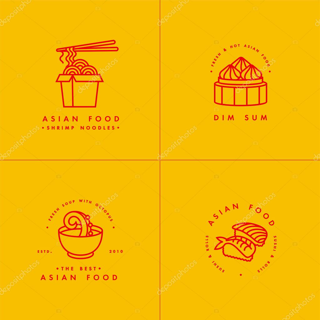 Vector set of logo design templates and emblems or badges. Asian food - noodles, dim sum, soup, sushi. Linear logos, yellow and red