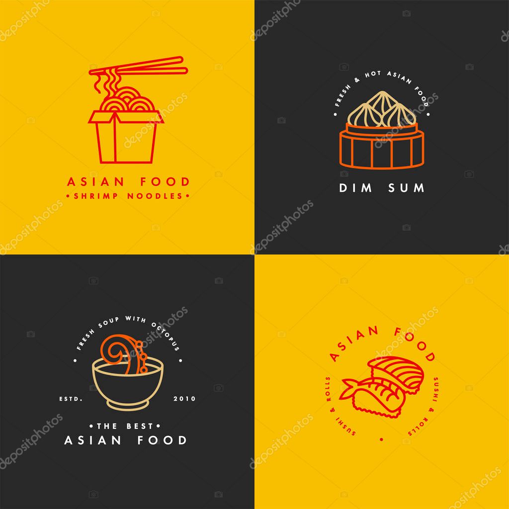 Vector set of logo design templates and emblems or badges. Asian food - noodles, dim sum, soup, sushi. Linear logos, yellow and red