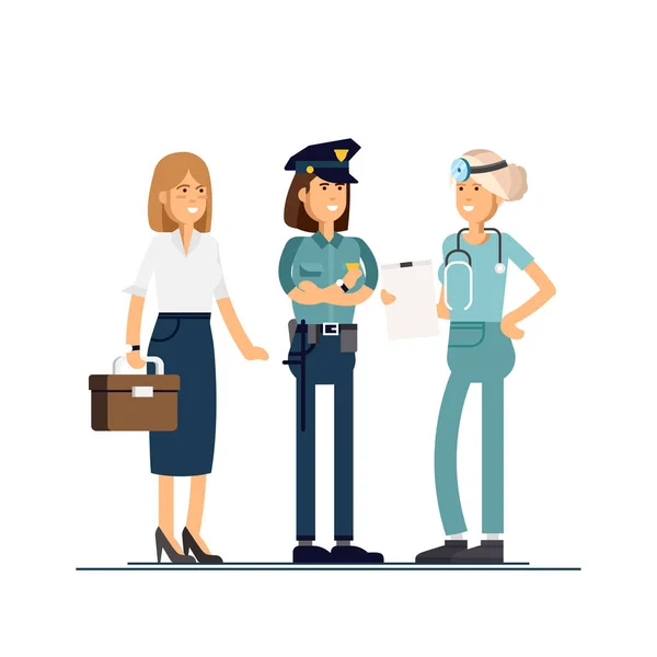 Group of people, different professions workers, friends, drinking coffee . Teamwork concept- policewoman, office worker, doctor. Female characters
